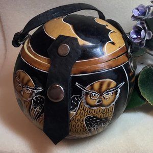 2 Earthtone Carved Peruvian Folk Art Gourd Purses